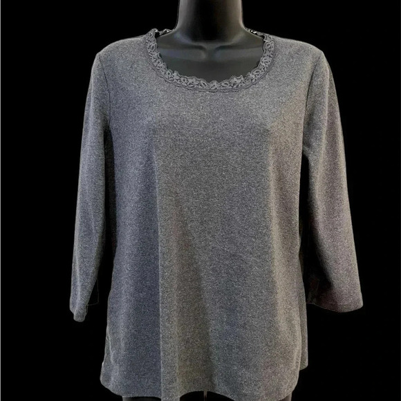 ❤️2/$11 Laura Ashley Lace Collar Charcoal Gray 3/4 Sleeve Knit Top Blouse - Picture 1 of 10